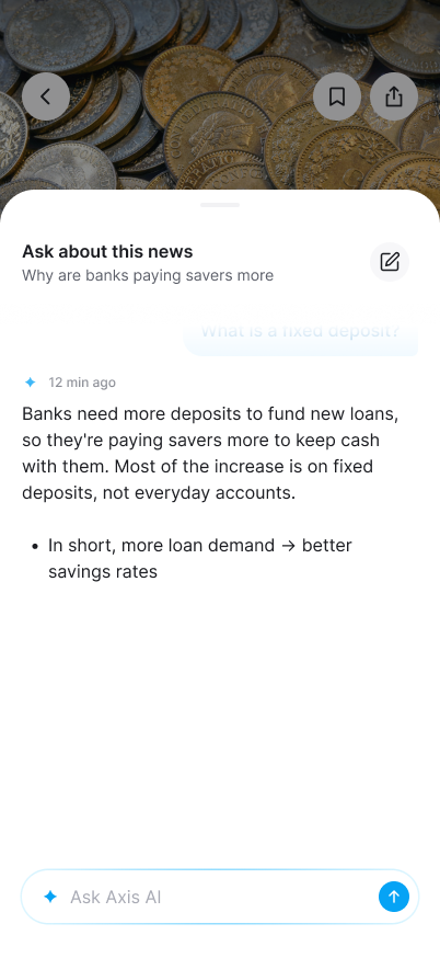Asking Axis AI a follow-up question about a savings-rates story.