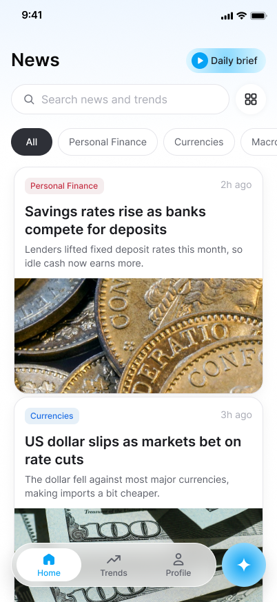 The Axis AI news feed, showing summarised stories tagged by topic.